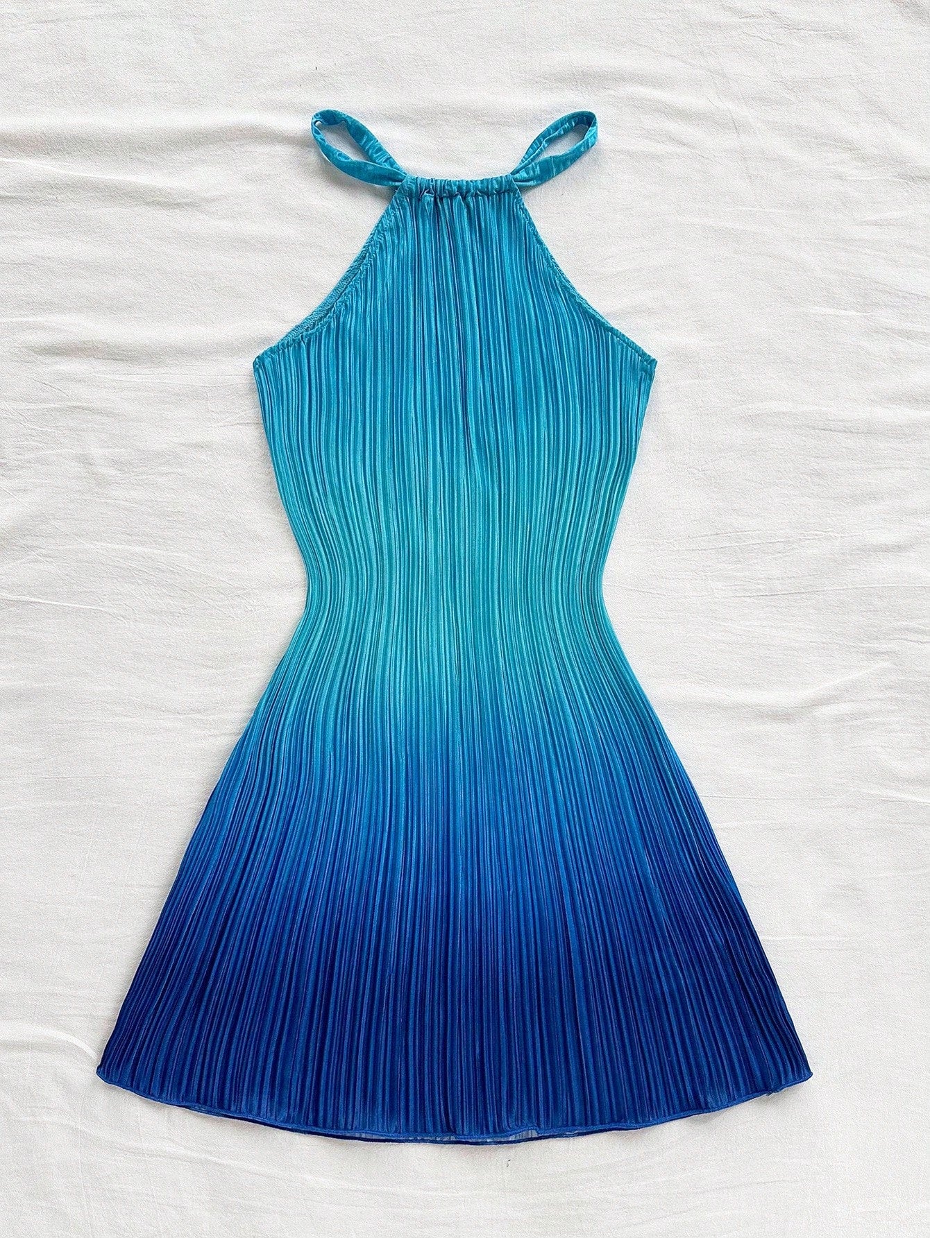 Soleia Elegant Royal Blue Ombre Print Pleated Mini Dress,Casual Halter Neck Fitted Vacation Holiday Beach Dress,Music Festival Party Wear,No Chest Padding
