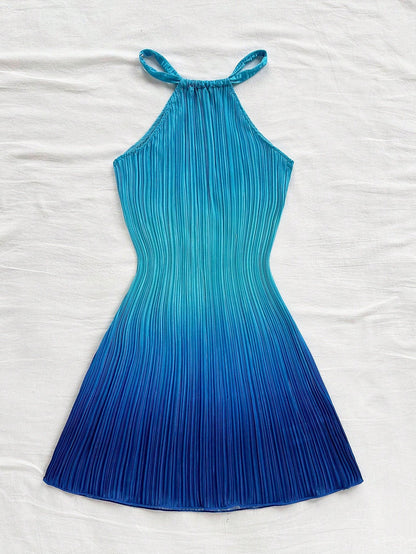 Soleia Elegant Royal Blue Ombre Print Pleated Mini Dress,Casual Halter Neck Fitted Vacation Holiday Beach Dress,Music Festival Party Wear,No Chest Padding