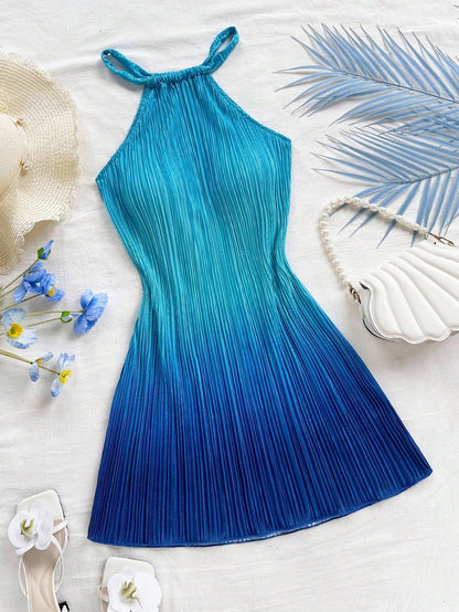 Soleia Elegant Royal Blue Ombre Print Pleated Mini Dress,Casual Halter Neck Fitted Vacation Holiday Beach Dress,Music Festival Party Wear,No Chest Padding