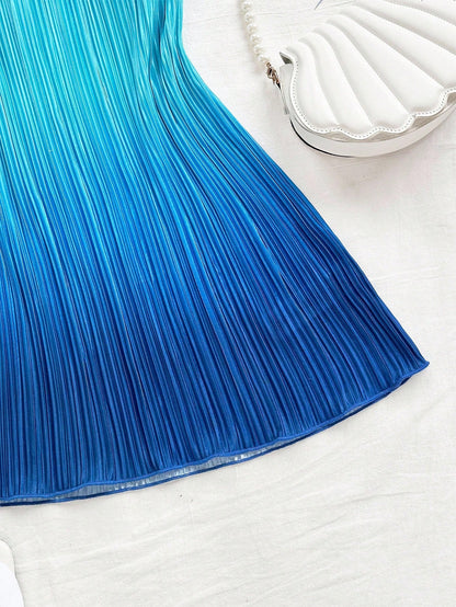 Soleia Elegant Royal Blue Ombre Print Pleated Mini Dress,Casual Halter Neck Fitted Vacation Holiday Beach Dress,Music Festival Party Wear,No Chest Padding