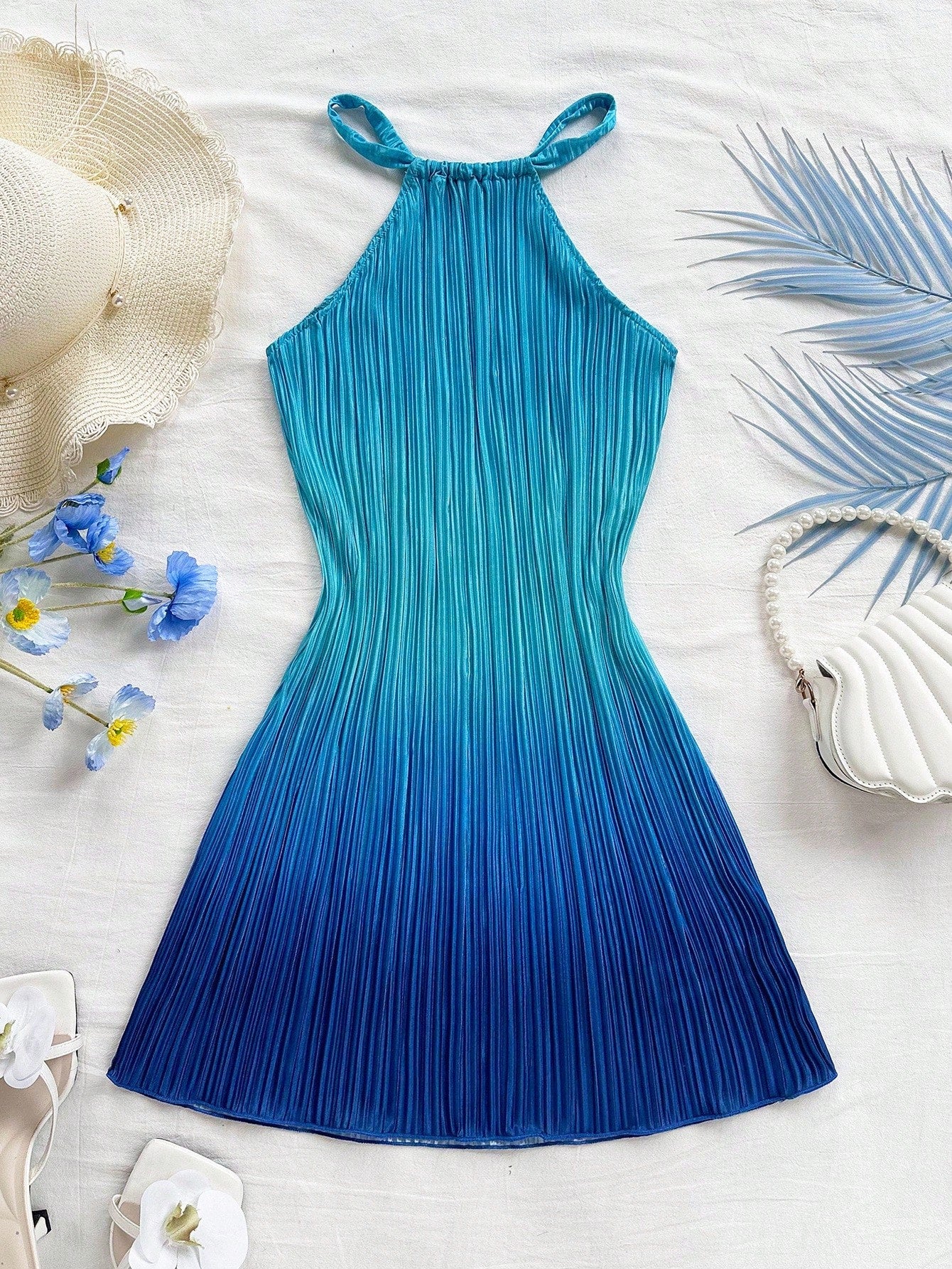 Soleia Elegant Royal Blue Ombre Print Pleated Mini Dress,Casual Halter Neck Fitted Vacation Holiday Beach Dress,Music Festival Party Wear,No Chest Padding