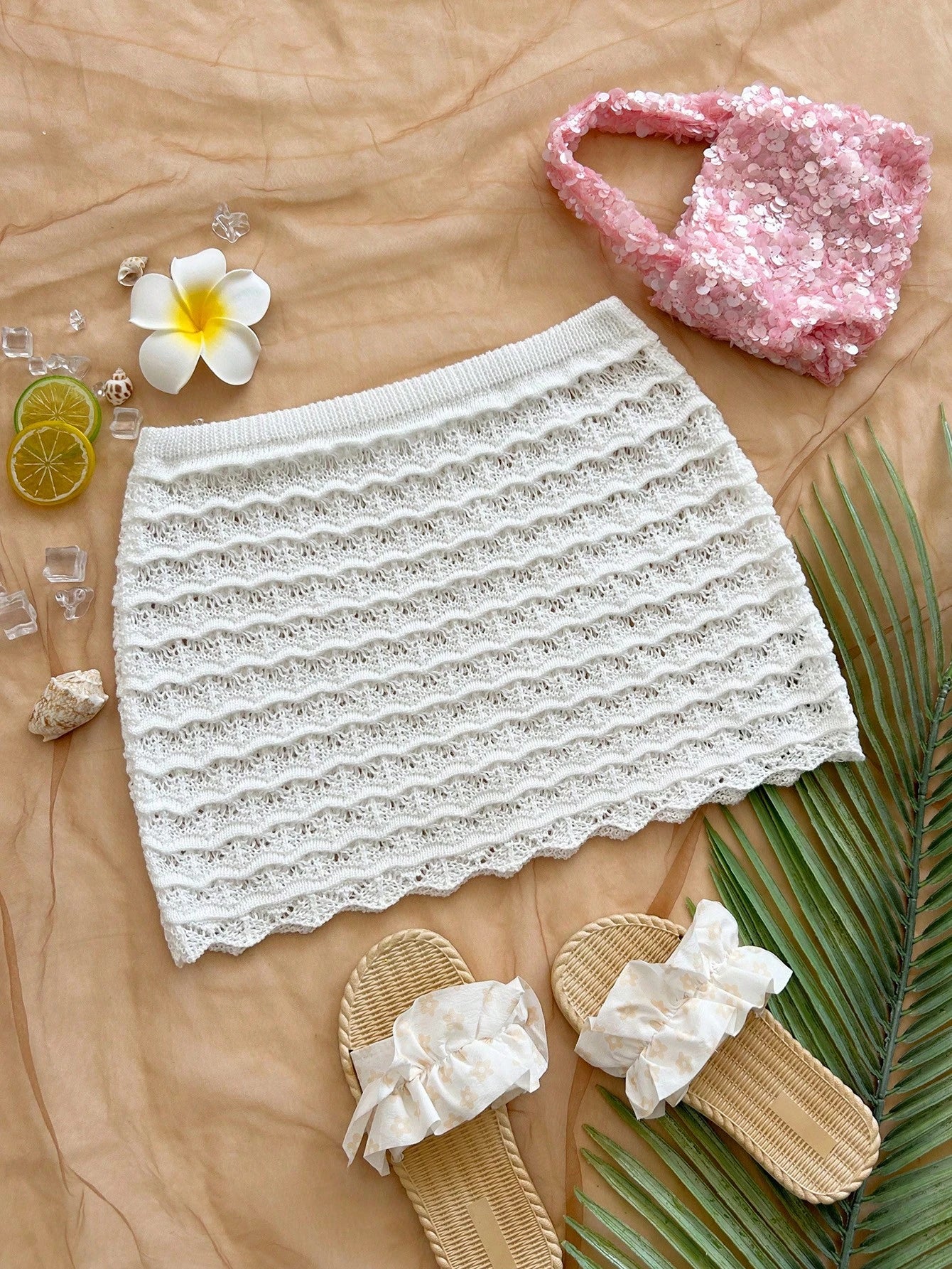 Soleia Hollow Out Solid Color Shell Trim Summer Fashion Skirt Cover Up Cover Ups For Swimwear
