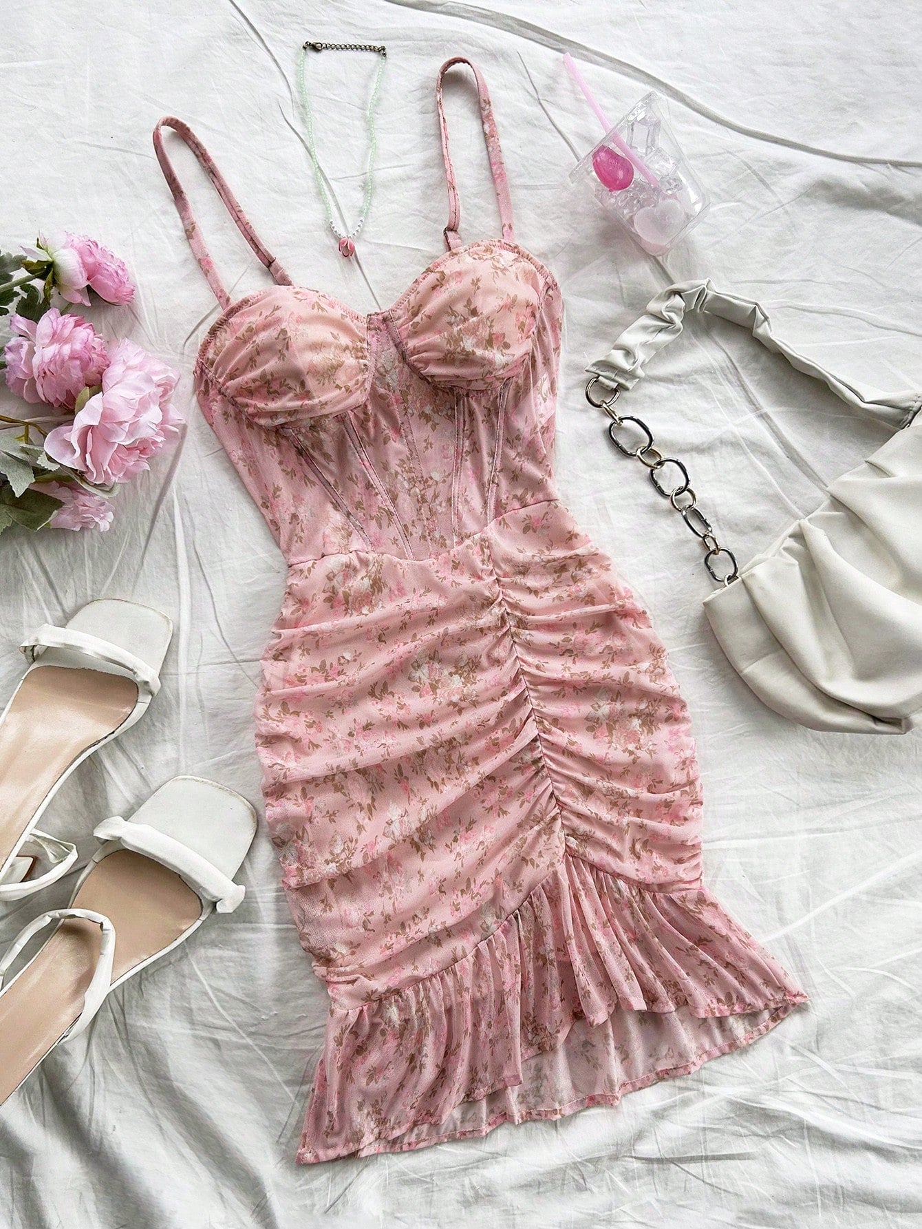 Soleia Vintage Sexy Floral Lace Bodice Ruched Elastic Knit Casual Vacation Dress For Women Summer Pastel Party Dusty Pink