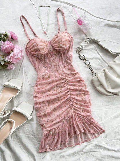 Soleia Vintage Sexy Floral Lace Bodice Ruched Elastic Knit Casual Vacation Dress For Women Summer Pastel Party Dusty Pink