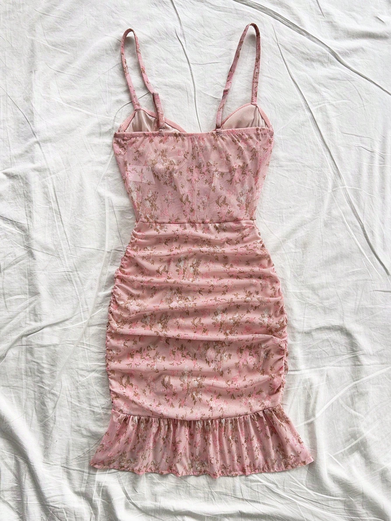 Soleia Vintage Sexy Floral Lace Bodice Ruched Elastic Knit Casual Vacation Dress For Women Summer Pastel Party Dusty Pink