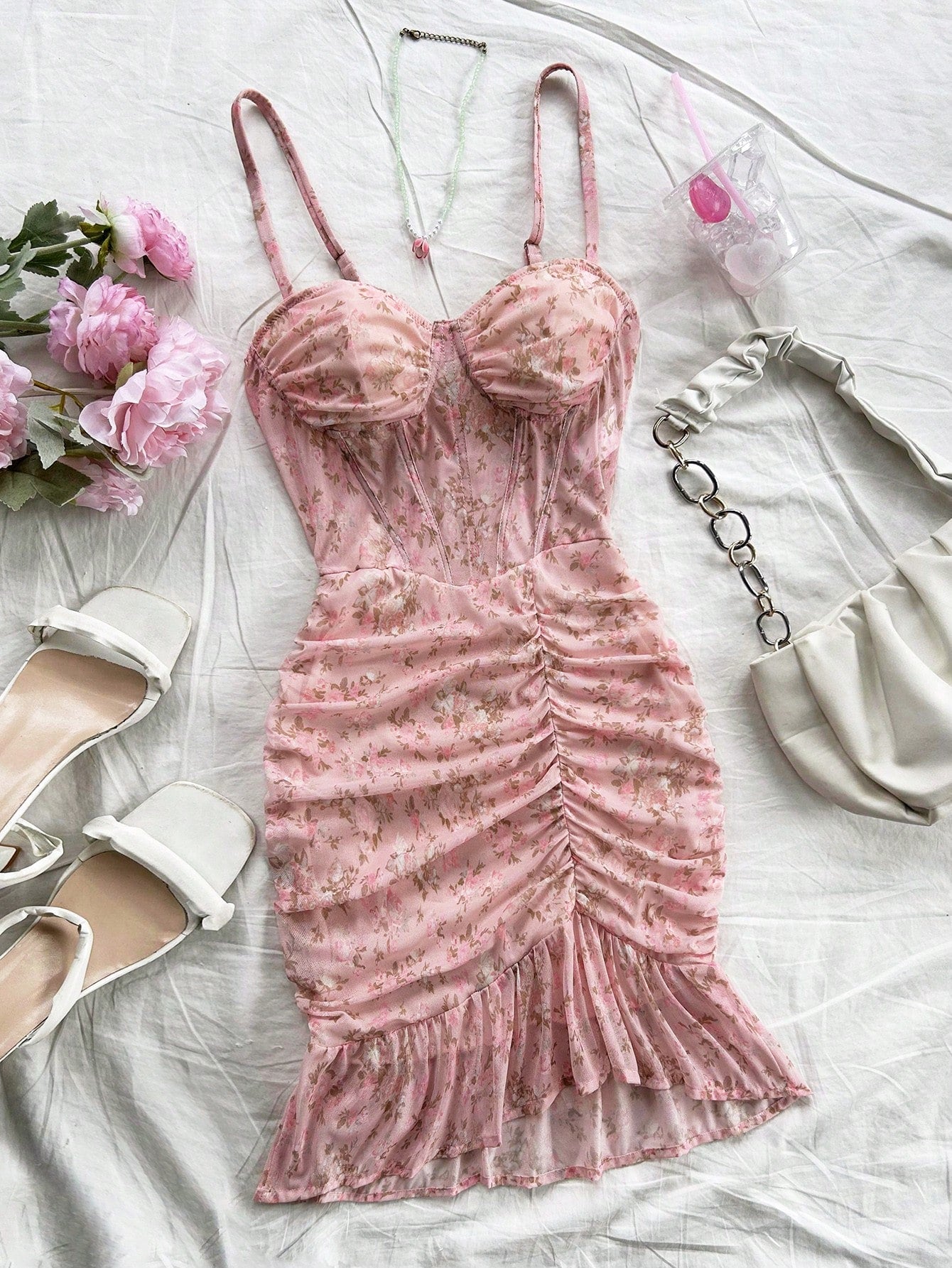 Soleia Vintage Sexy Floral Lace Bodice Ruched Elastic Knit Casual Vacation Dress For Women Summer Pastel Party Dusty Pink