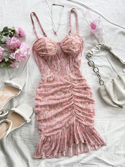 Soleia Vintage Sexy Floral Lace Bodice Ruched Elastic Knit Casual Vacation Dress For Women Summer Pastel Party Dusty Pink