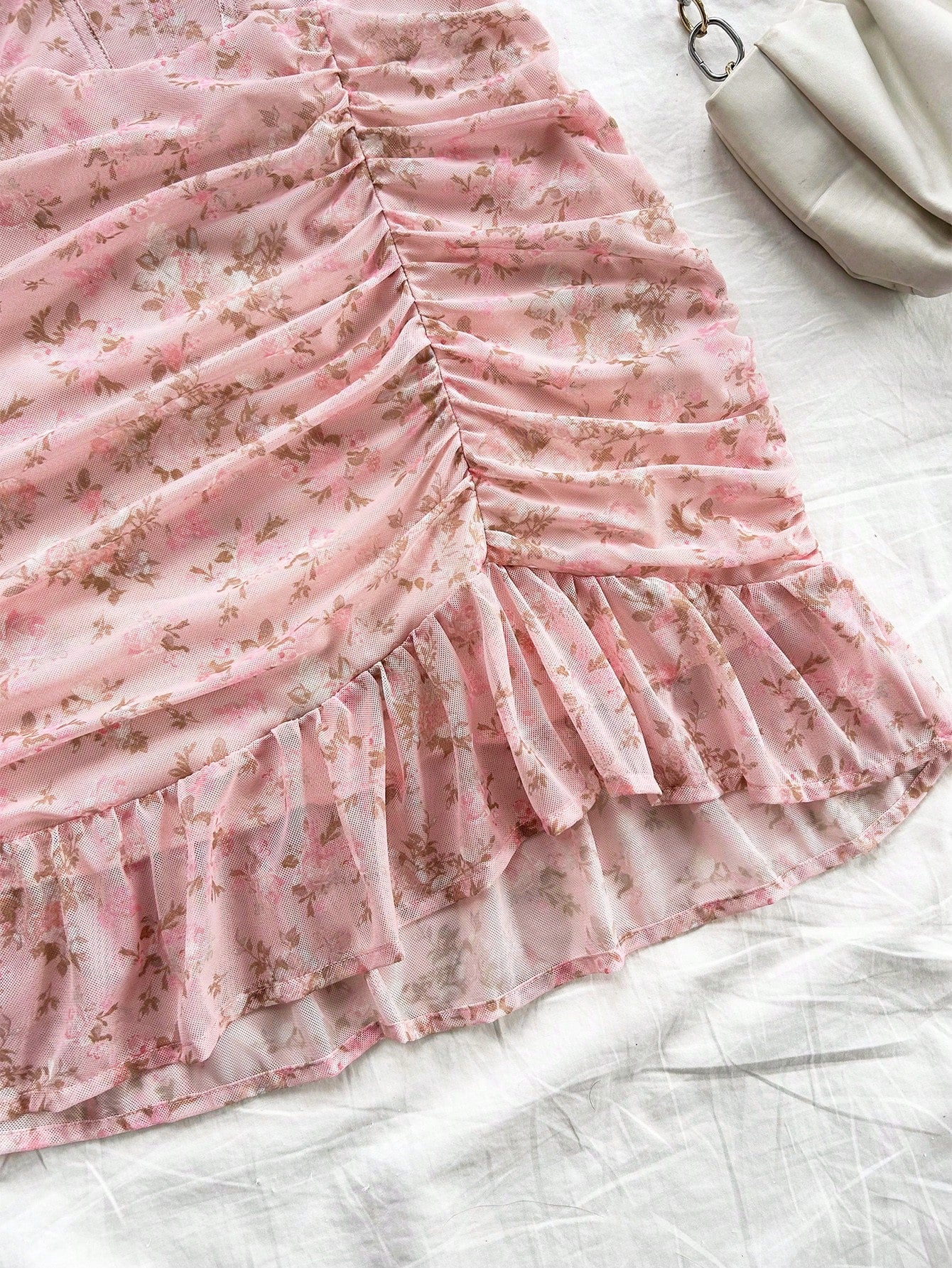 Soleia Vintage Sexy Floral Lace Bodice Ruched Elastic Knit Casual Vacation Dress For Women Summer Pastel Party Dusty Pink