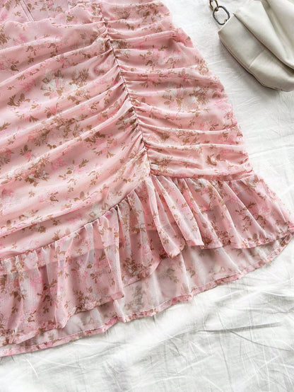 Soleia Vintage Sexy Floral Lace Bodice Ruched Elastic Knit Casual Vacation Dress For Women Summer Pastel Party Dusty Pink