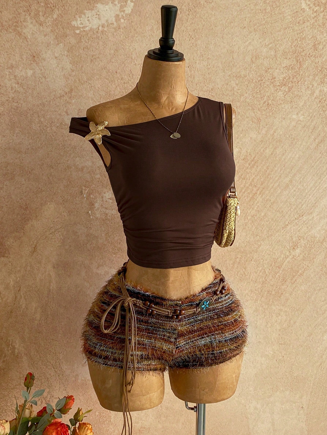 Soleia Women's 2 Pieces Set Brown Striped Summer Boho Beach Vacation Holiday Holiday Asymmetrical Shoulder Fuzzy Textured Knit Backless Floral Cheetah Print