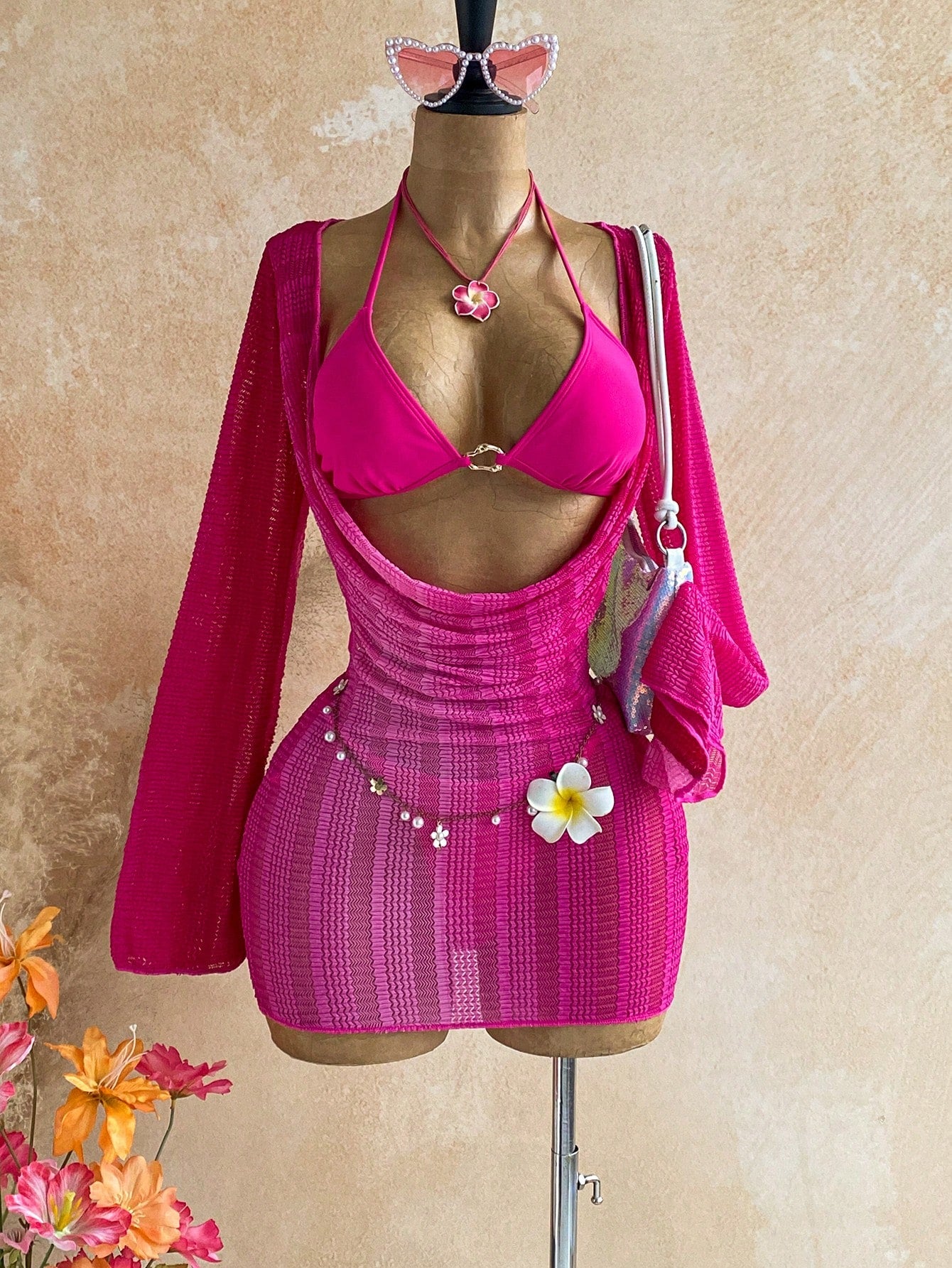 Soleia Women's 3-Piece Bikini Swimsuit Set With Wheat Ear Pattern Cover-Up Skirt Sexy Bathing Suit Beach Vacation Party Outfits Hot Pink Sequin Summer
