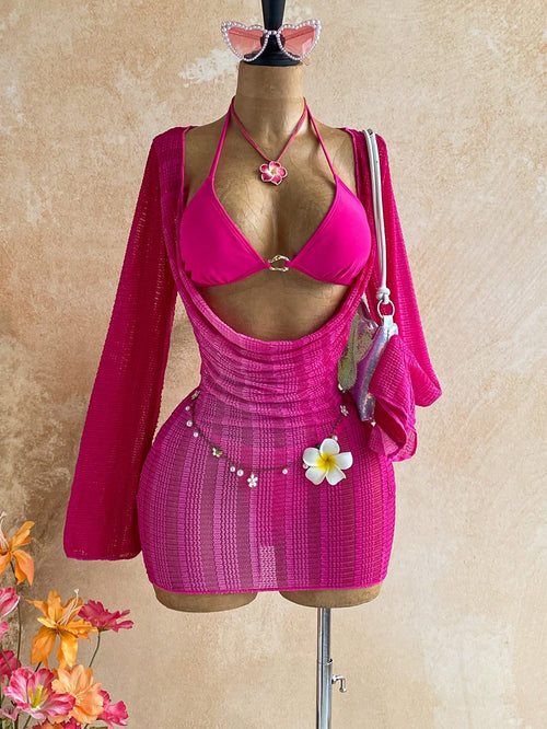 Soleia Women's 3-Piece Bikini Swimsuit Set With Wheat Ear Pattern Cover-Up Skirt Sexy Bathing Suit Beach Vacation Party Outfits Hot Pink Sequin Summer