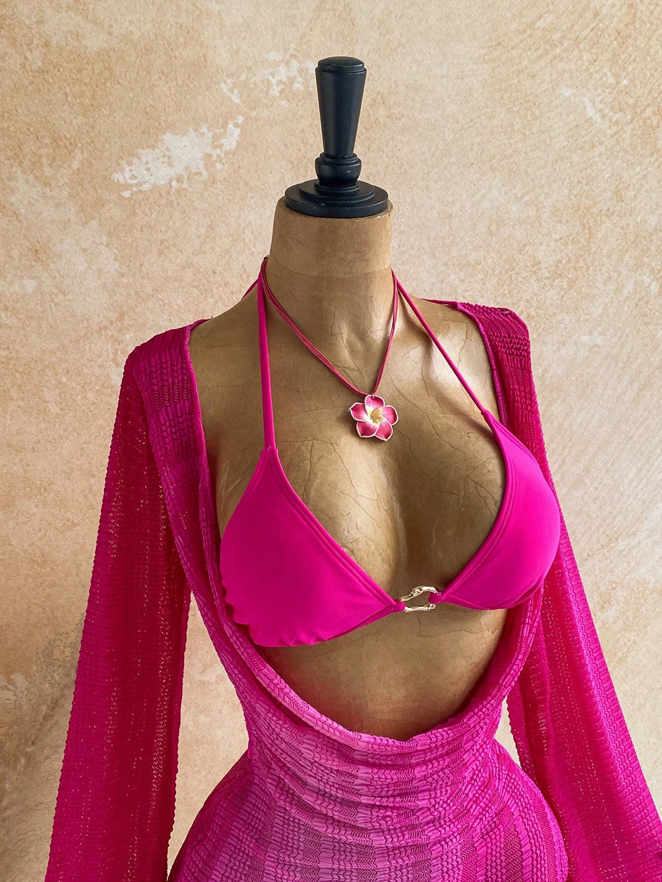 Soleia Women's 3-Piece Bikini Swimsuit Set With Wheat Ear Pattern Cover-Up Skirt Sexy Bathing Suit Beach Vacation Party Outfits Hot Pink Sequin Summer