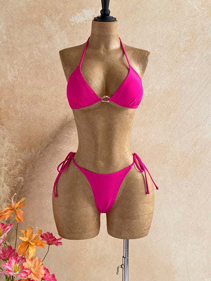 Soleia Women's 3-Piece Bikini Swimsuit Set With Wheat Ear Pattern Cover-Up Skirt Sexy Bathing Suit Beach Vacation Party Outfits Hot Pink Sequin Summer