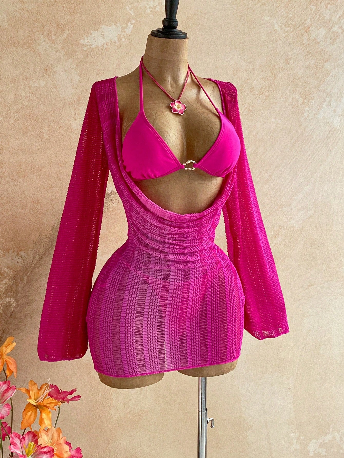 Soleia Women's 3-Piece Bikini Swimsuit Set With Wheat Ear Pattern Cover-Up Skirt Sexy Bathing Suit Beach Vacation Party Outfits Hot Pink Sequin Summer