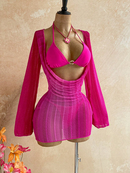 Soleia Women's 3-Piece Bikini Swimsuit Set With Wheat Ear Pattern Cover-Up Skirt Sexy Bathing Suit Beach Vacation Party Outfits Hot Pink Sequin Summer