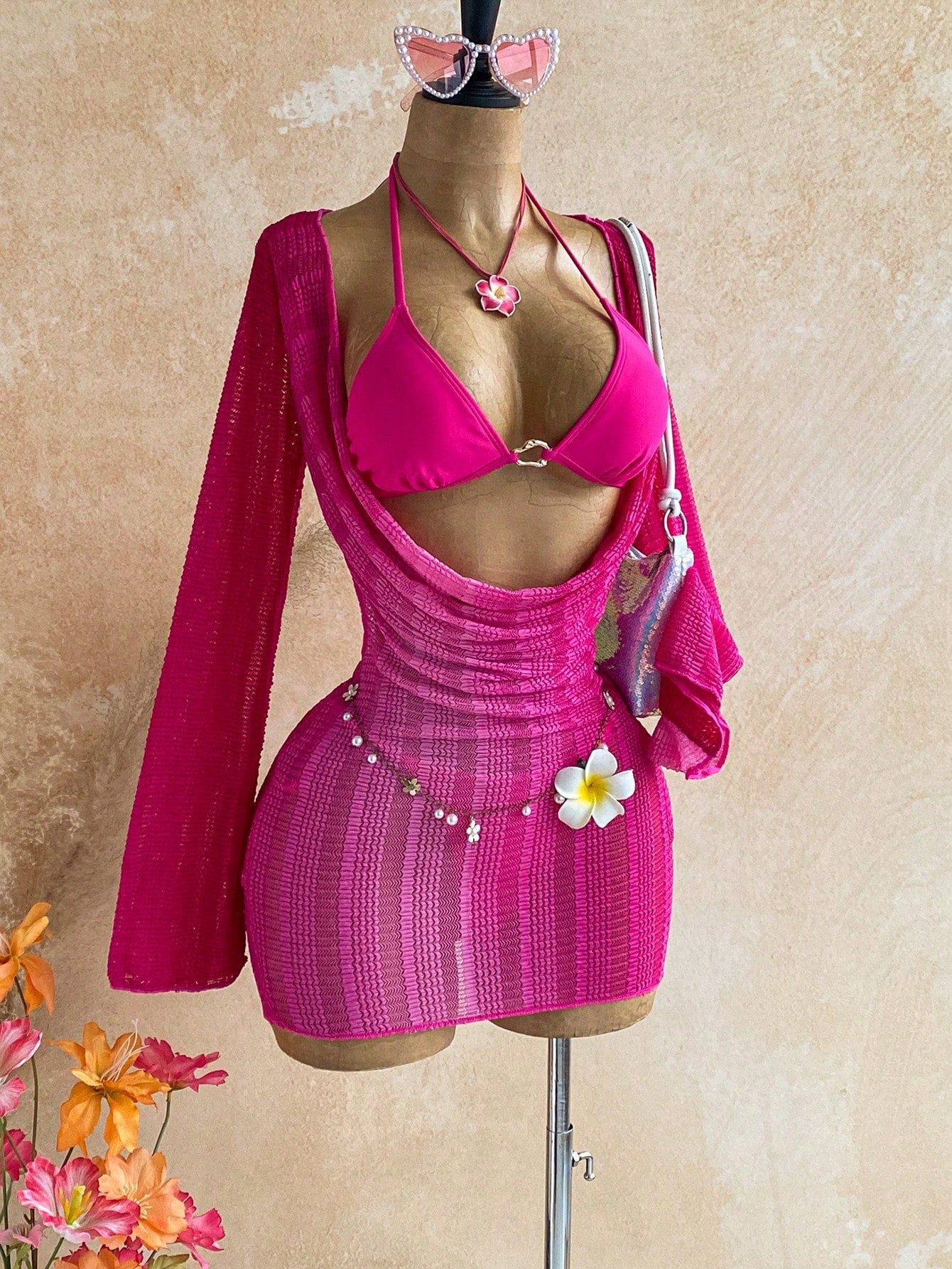 Soleia Women's 3-Piece Bikini Swimsuit Set With Wheat Ear Pattern Cover-Up Skirt Sexy Bathing Suit Beach Vacation Party Outfits Hot Pink Sequin Summer