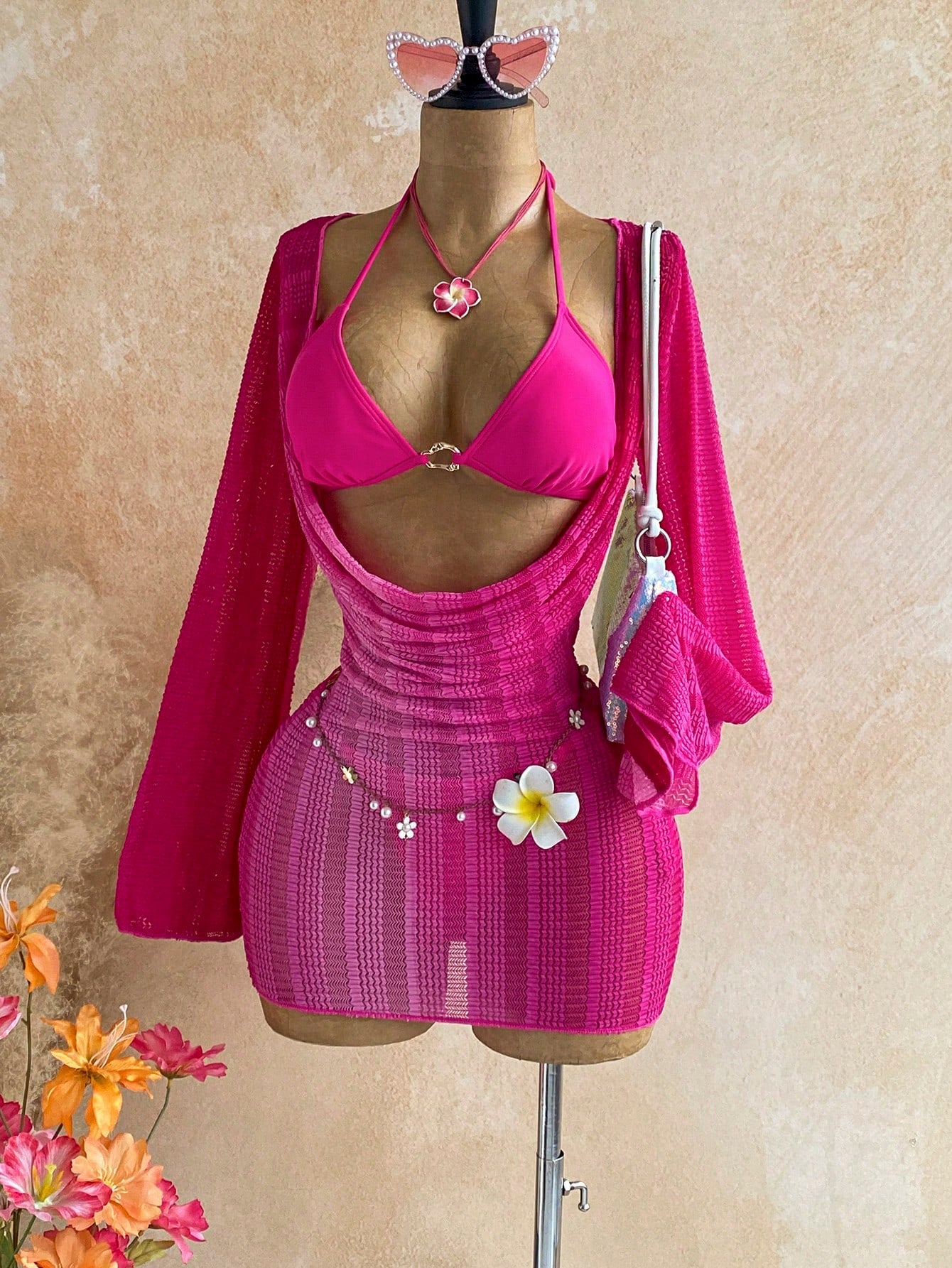 Soleia Women's 3-Piece Bikini Swimsuit Set With Wheat Ear Pattern Cover-Up Skirt Sexy Bathing Suit Beach Vacation Party Outfits Hot Pink Sequin Summer