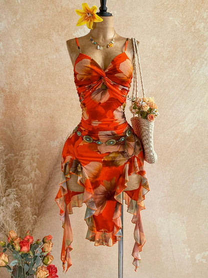 Soleia Women's Elegant Boho Sexy Waist-Cinched Spaghetti Strap Ruffle Knit Printed Midi Dress Beach Vacation Party Holiday Orange Floral Summer