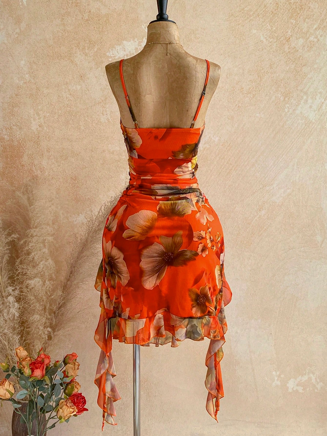 Soleia Women's Elegant Boho Sexy Waist-Cinched Spaghetti Strap Ruffle Knit Printed Midi Dress Beach Vacation Party Holiday Orange Floral Summer