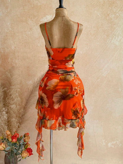 Soleia Women's Elegant Boho Sexy Waist-Cinched Spaghetti Strap Ruffle Knit Printed Midi Dress Beach Vacation Party Holiday Orange Floral Summer