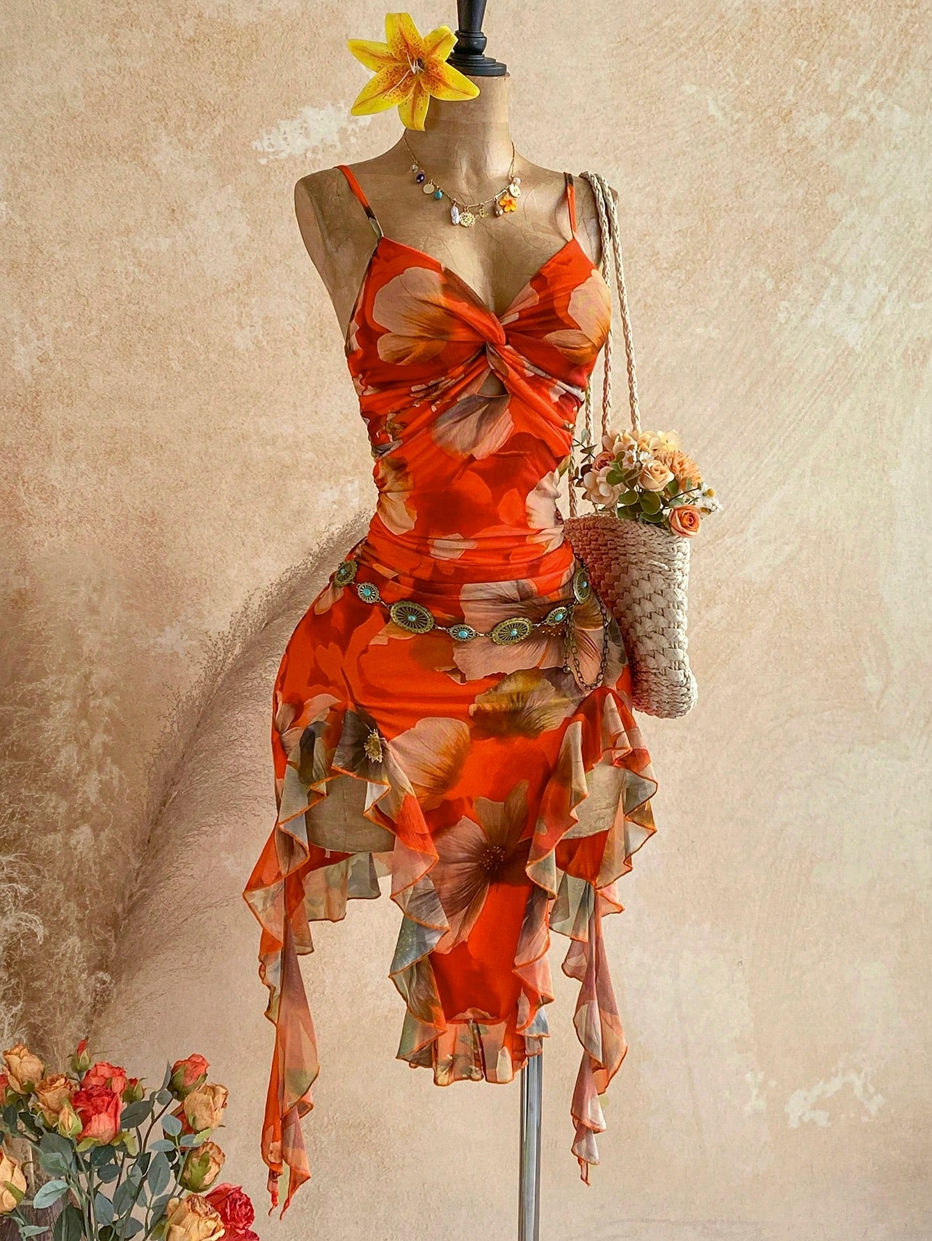 Soleia Women's Elegant Boho Sexy Waist-Cinched Spaghetti Strap Ruffle Knit Printed Midi Dress Beach Vacation Party Holiday Orange Floral Summer