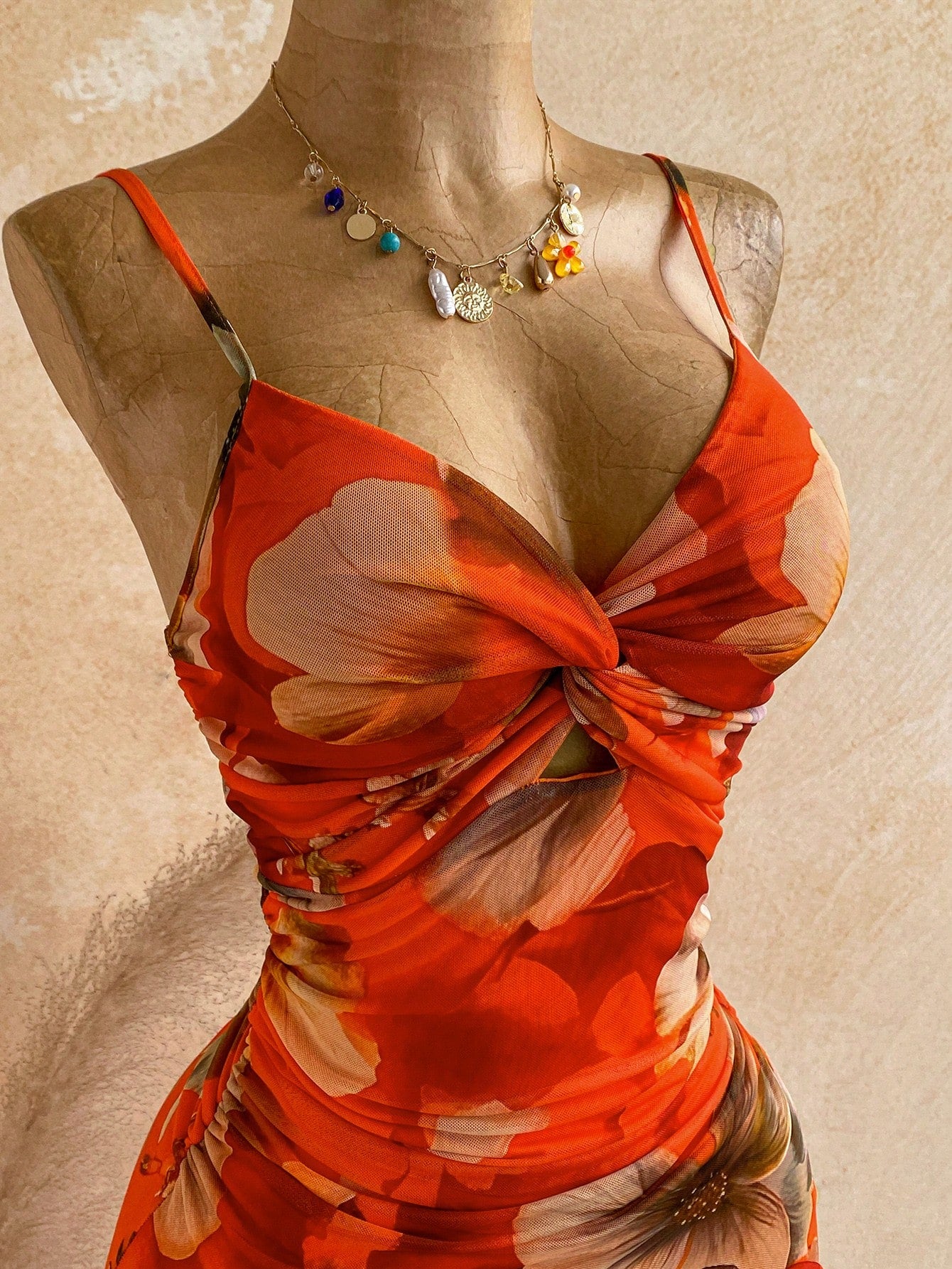 Soleia Women's Elegant Boho Sexy Waist-Cinched Spaghetti Strap Ruffle Knit Printed Midi Dress Beach Vacation Party Holiday Orange Floral Summer