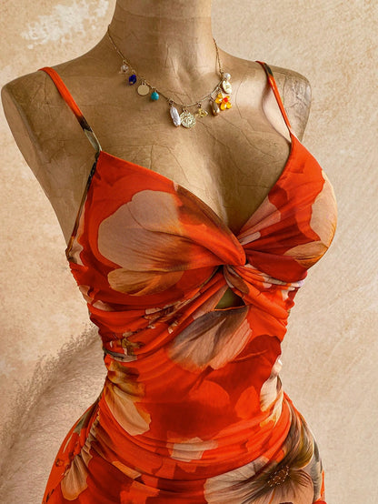 Soleia Women's Elegant Boho Sexy Waist-Cinched Spaghetti Strap Ruffle Knit Printed Midi Dress Beach Vacation Party Holiday Orange Floral Summer