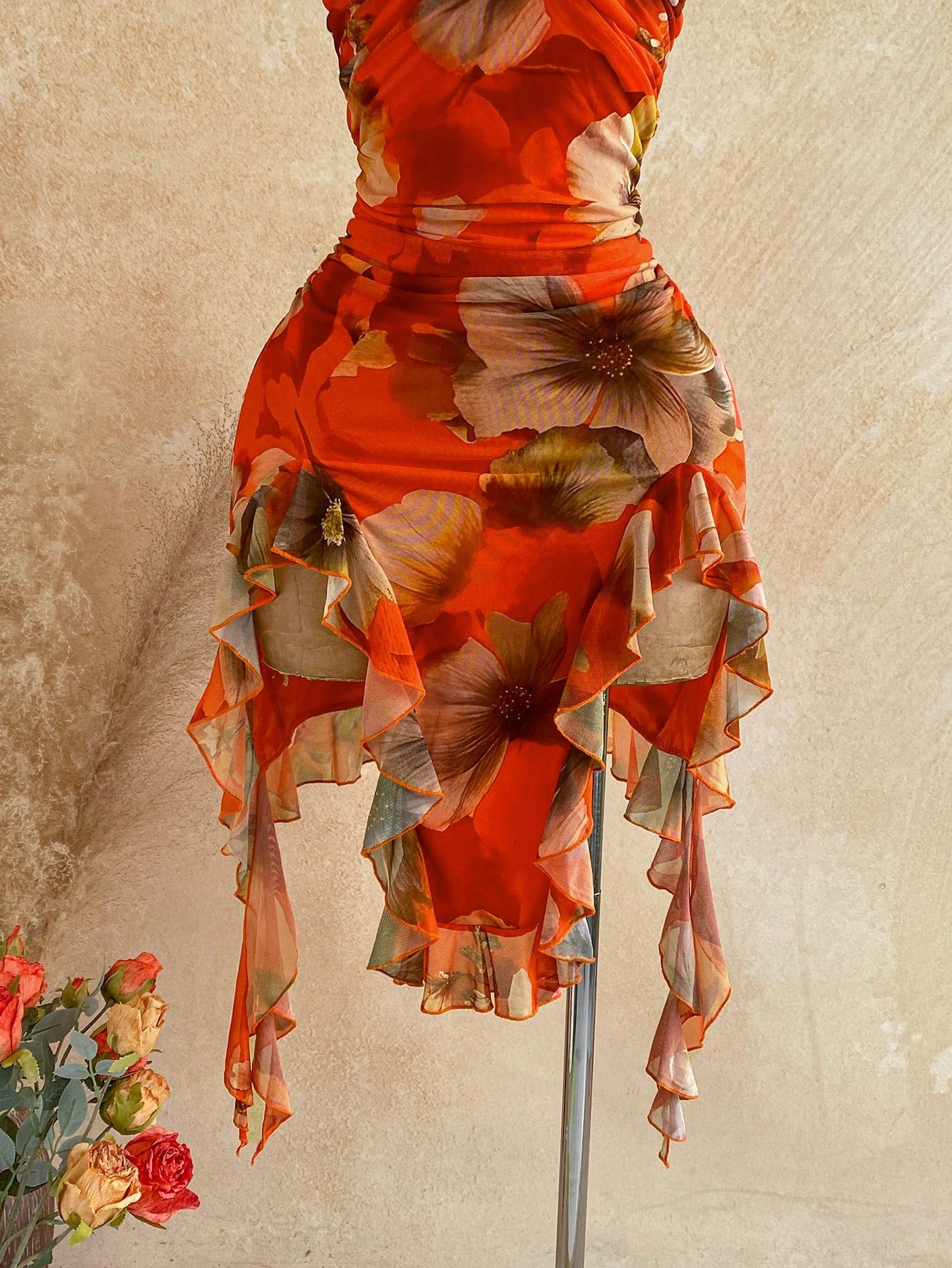 Soleia Women's Elegant Boho Sexy Waist-Cinched Spaghetti Strap Ruffle Knit Printed Midi Dress Beach Vacation Party Holiday Orange Floral Summer