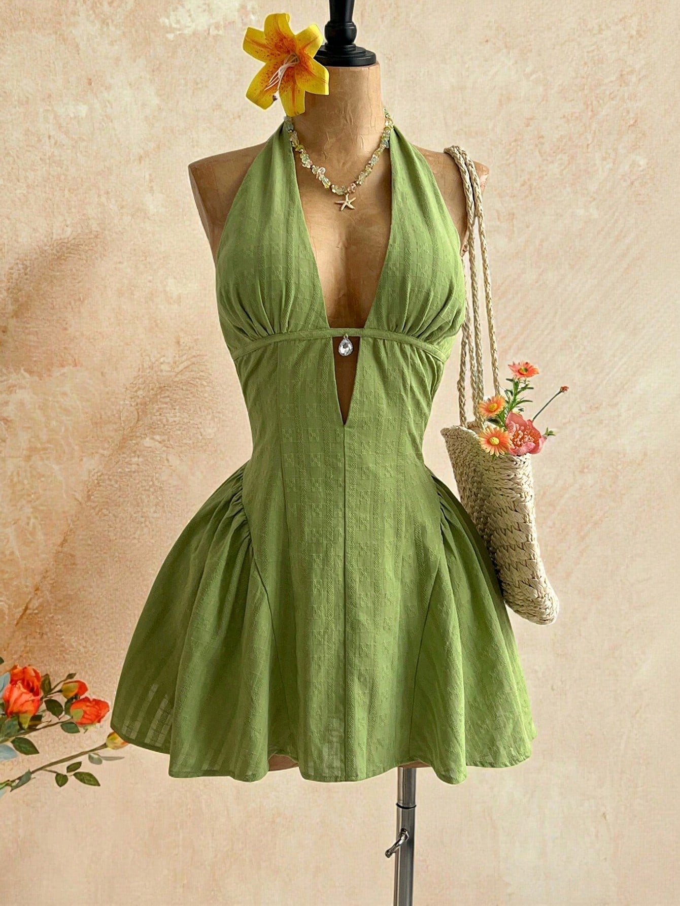Soleia Women's Olive Green Polka Dot V-Neck Hollow Waist A-Line Mini Dress, Summer Casual Sexy Tropical Beach Vacation Holiday Boho Vintage Party Festival