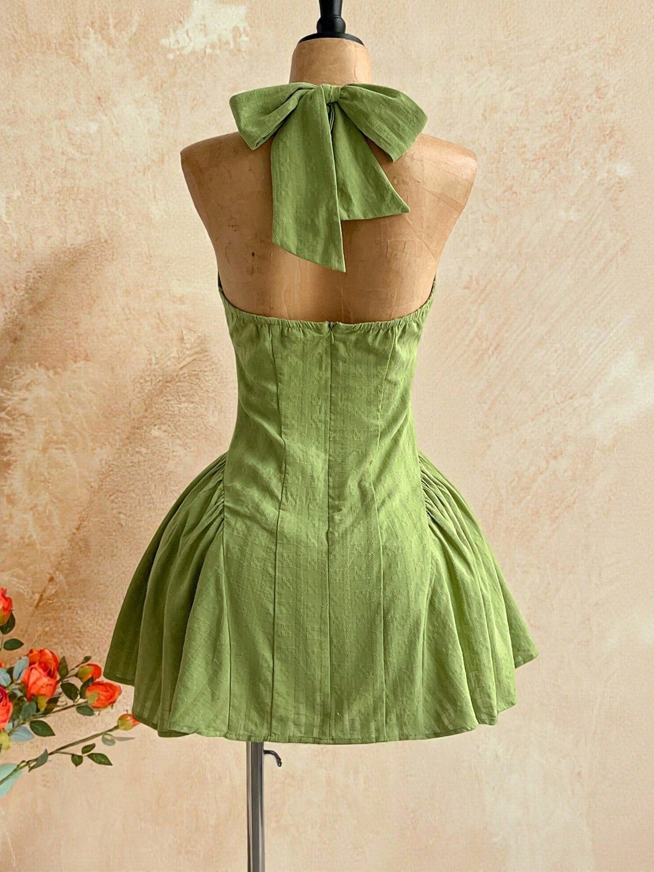 Soleia Women's Olive Green Polka Dot V-Neck Hollow Waist A-Line Mini Dress, Summer Casual Sexy Tropical Beach Vacation Holiday Boho Vintage Party Festival