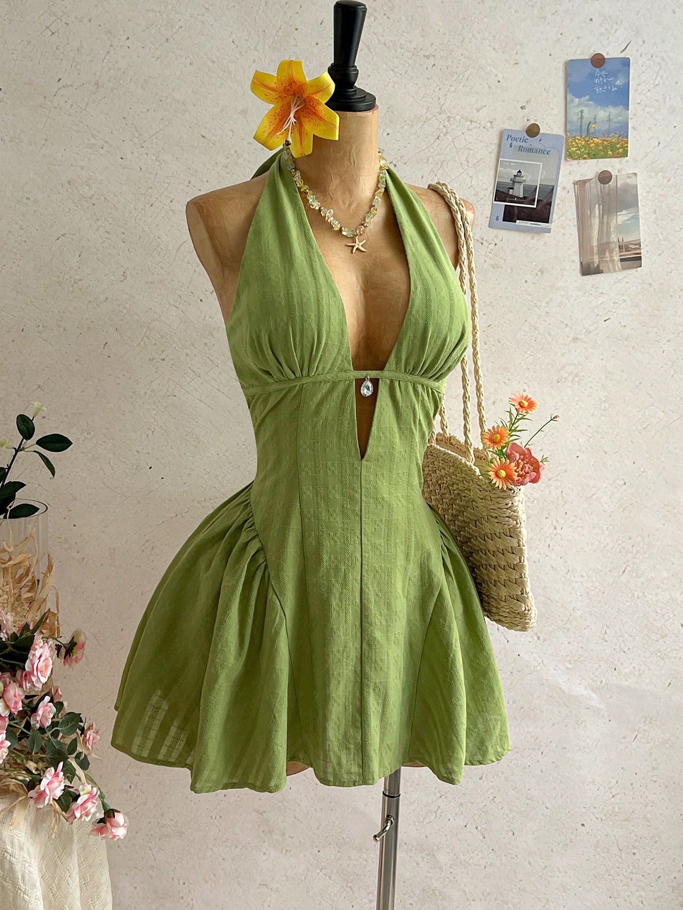 Soleia Women's Olive Green Polka Dot V-Neck Hollow Waist A-Line Mini Dress, Summer Casual Sexy Tropical Beach Vacation Holiday Boho Vintage Party Festival