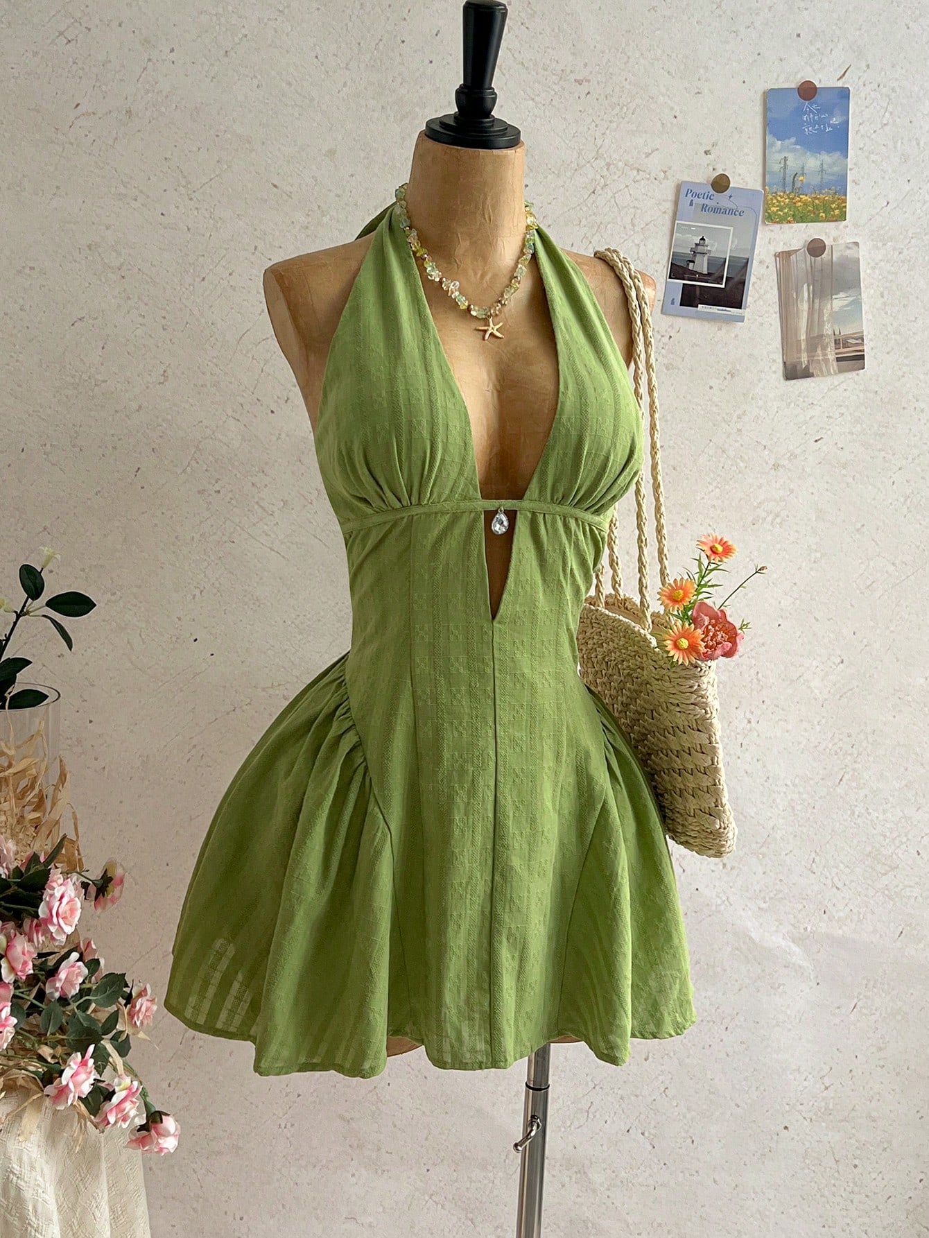 Soleia Women's Olive Green Polka Dot V-Neck Hollow Waist A-Line Mini Dress, Summer Casual Sexy Tropical Beach Vacation Holiday Boho Vintage Party Festival
