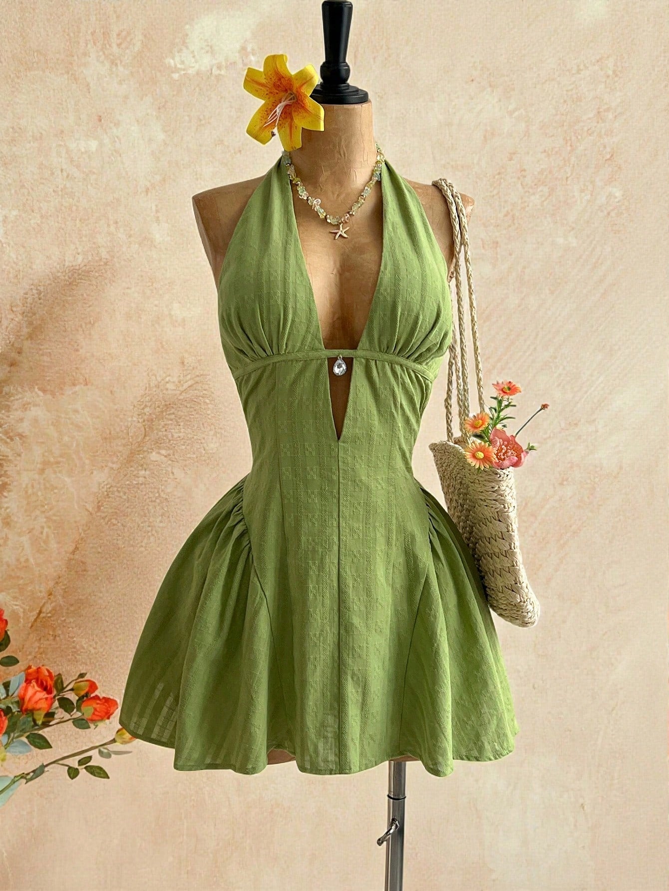 Soleia Women's Olive Green Polka Dot V-Neck Hollow Waist A-Line Mini Dress, Summer Casual Sexy Tropical Beach Vacation Holiday Boho Vintage Party Festival