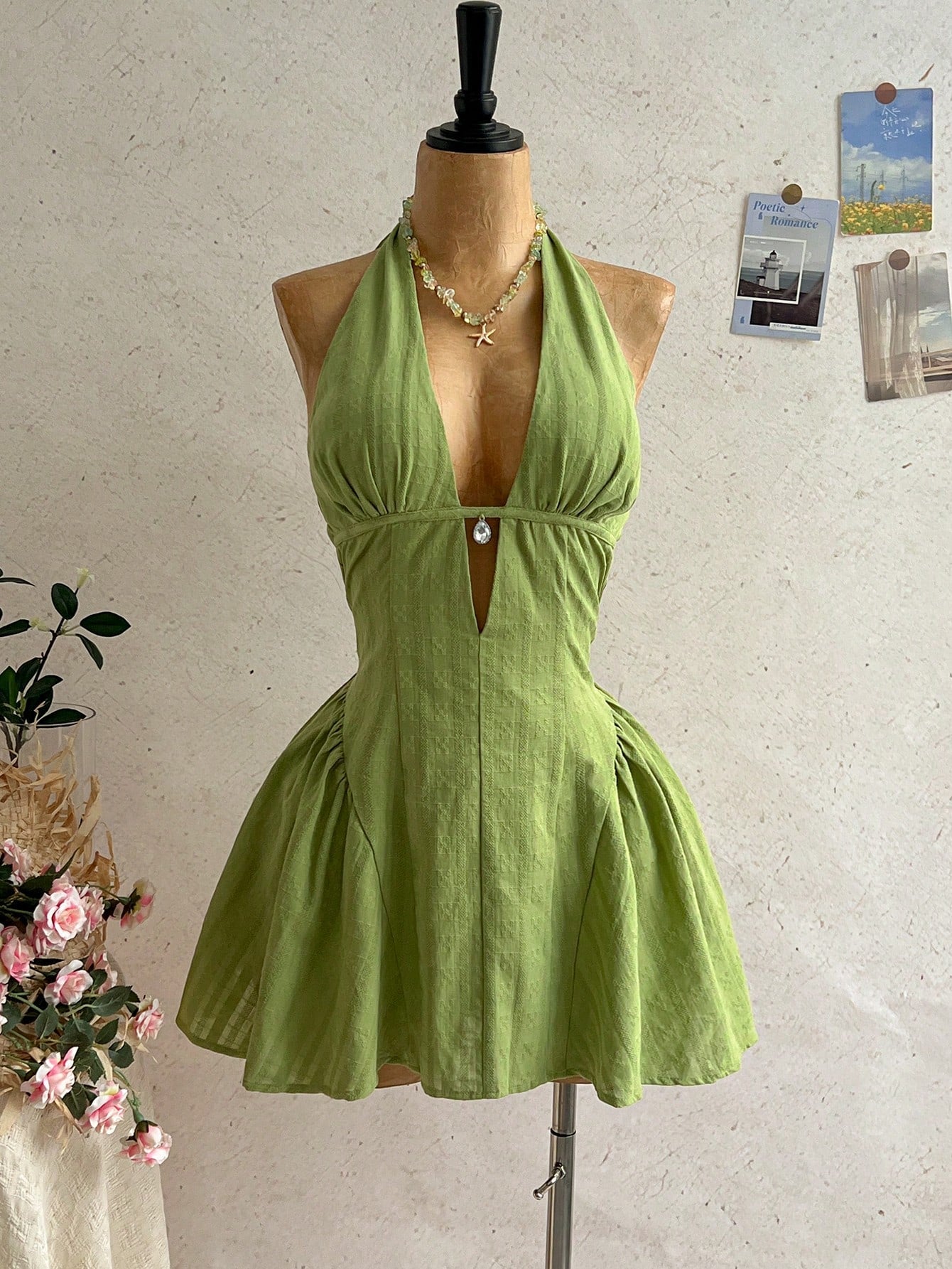 Soleia Women's Olive Green Polka Dot V-Neck Hollow Waist A-Line Mini Dress, Summer Casual Sexy Tropical Beach Vacation Holiday Boho Vintage Party Festival