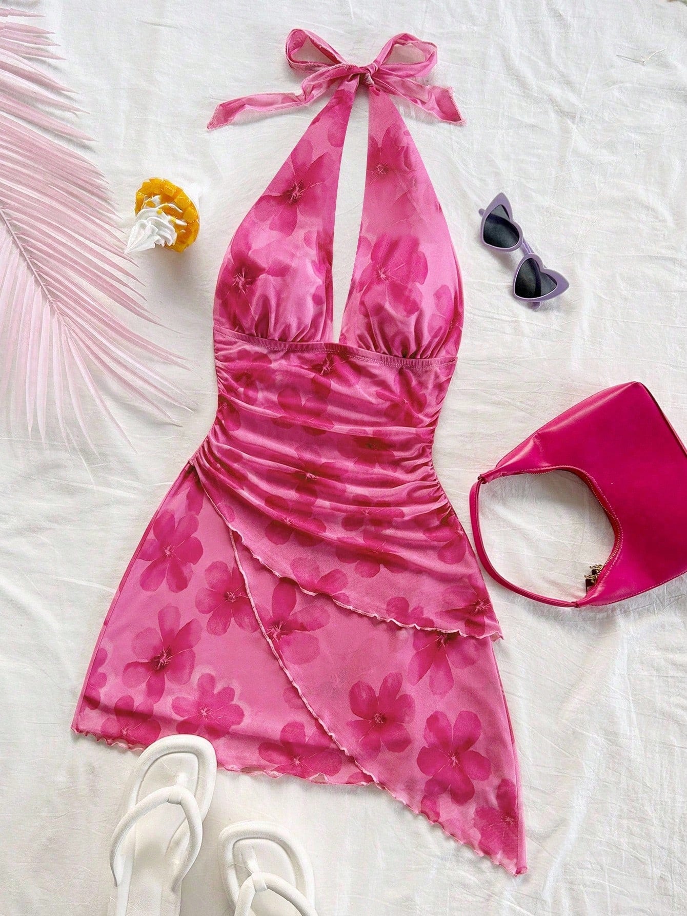 Soleia Women's Pink Floral Summer Boho Beach Vacation Holiday Dress,Halter V-Neck Tie Mesh Ruched Music Festival Homecoming Night Out Dresses,No Breast Pads