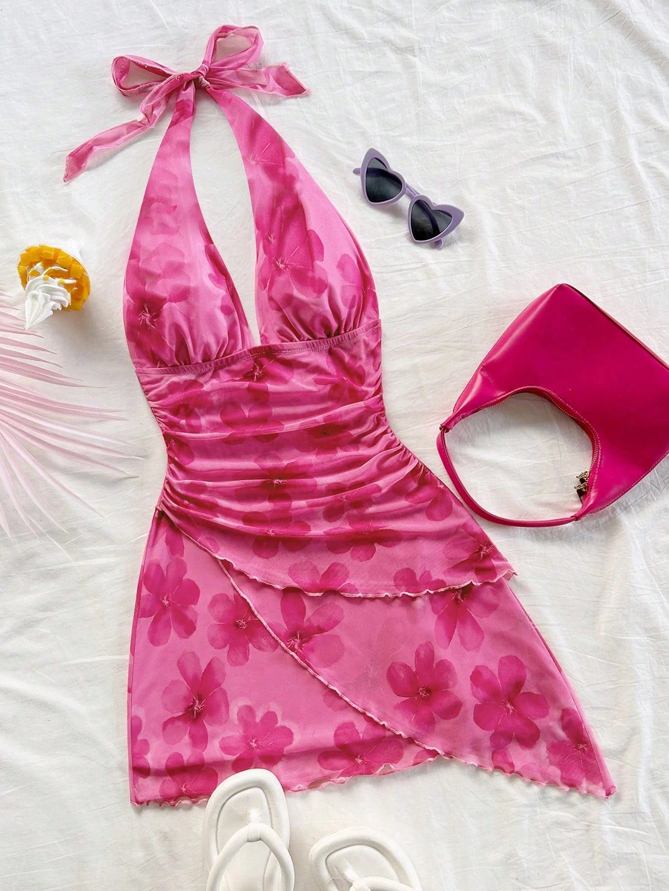 Soleia Women's Pink Floral Summer Boho Beach Vacation Holiday Dress,Halter V-Neck Tie Mesh Ruched Music Festival Homecoming Night Out Dresses,No Breast Pads