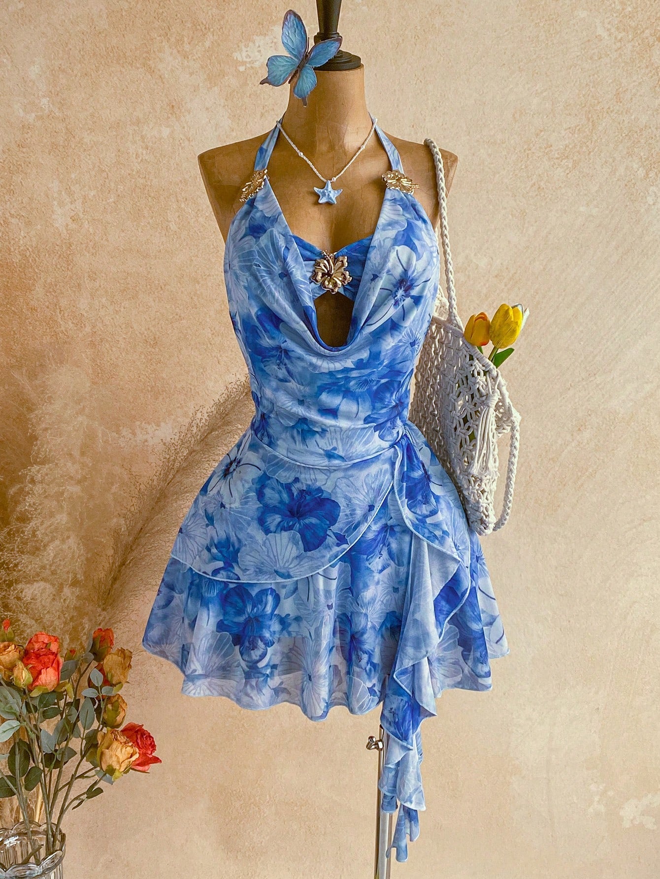 Soleia Women's Printed Light Blue Floral Mini Vacation Dress Vacation Summer Sexy Tropical