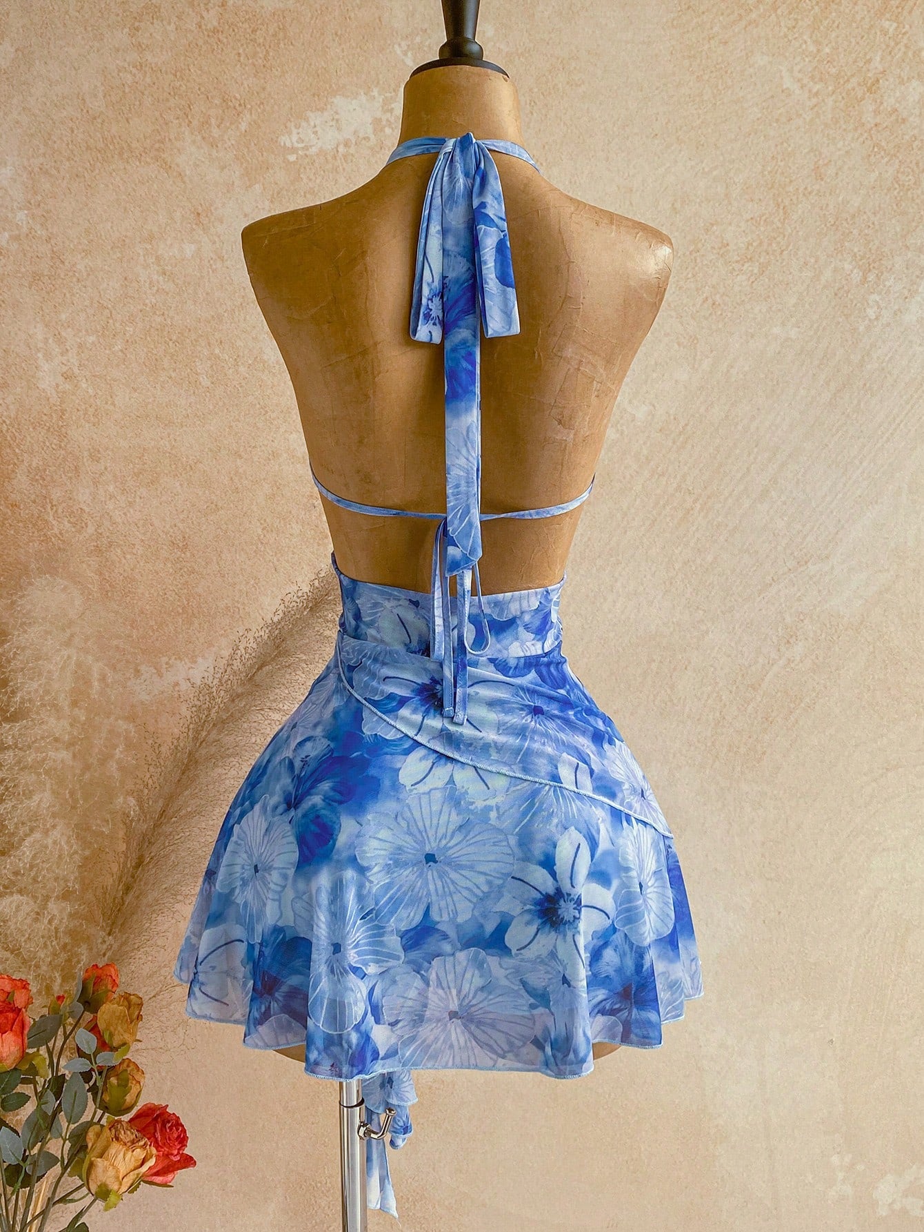 Soleia Women's Printed Light Blue Floral Mini Vacation Dress Vacation Summer Sexy Tropical