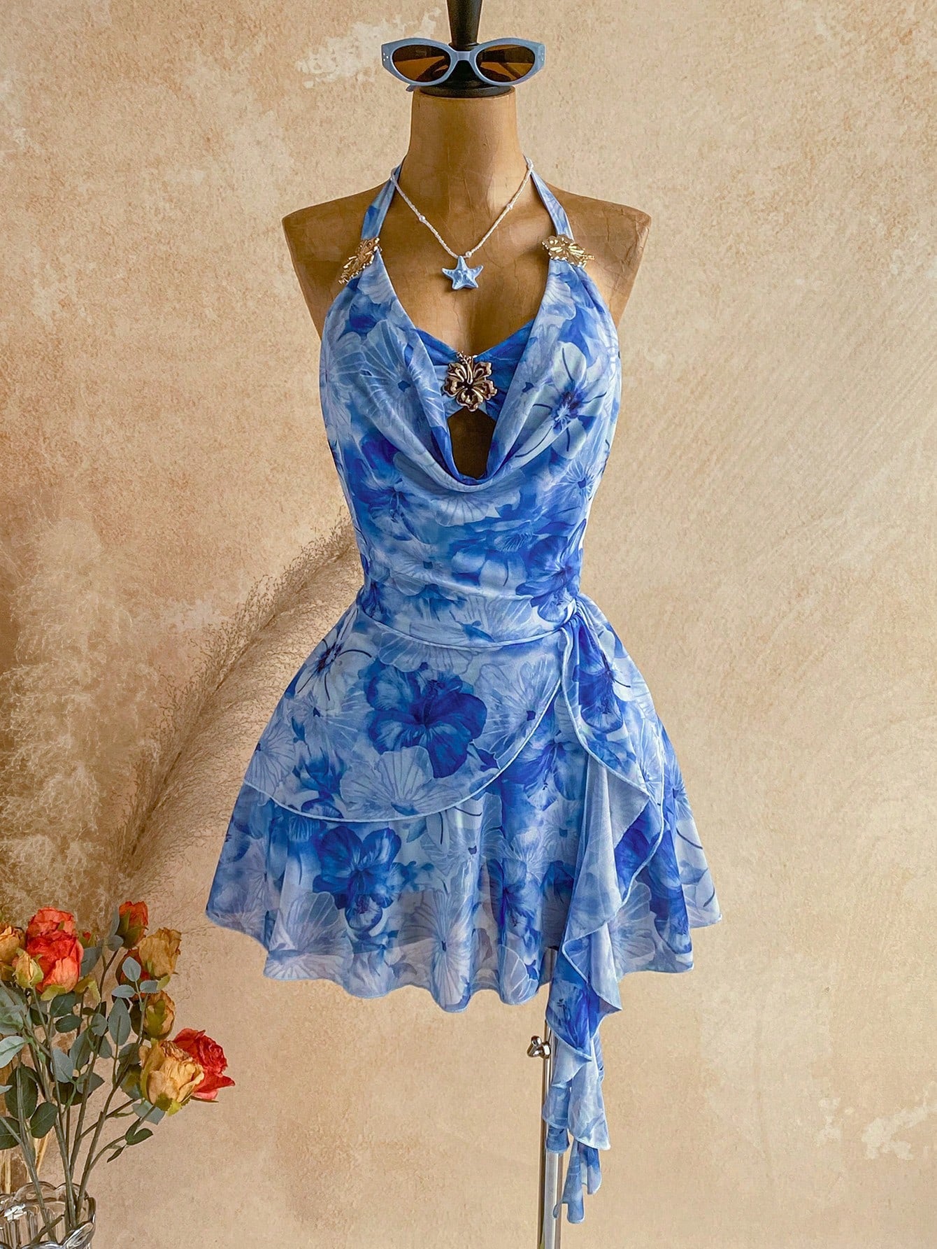 Soleia Women's Printed Light Blue Floral Mini Vacation Dress Vacation Summer Sexy Tropical