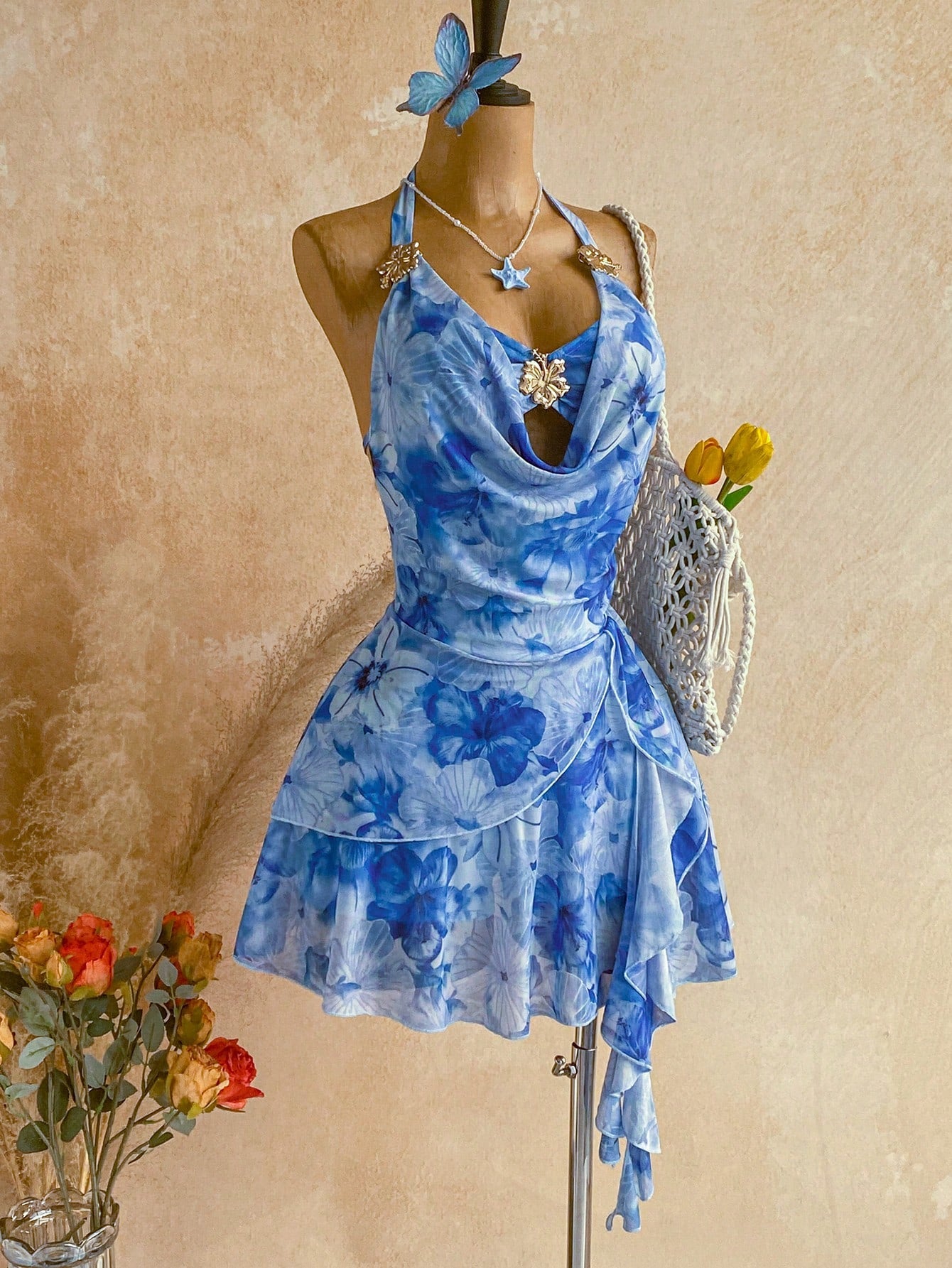 Soleia Women's Printed Light Blue Floral Mini Vacation Dress Vacation Summer Sexy Tropical