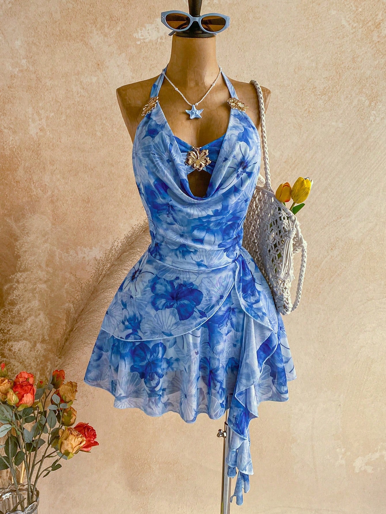 Soleia Women's Printed Light Blue Floral Mini Vacation Dress Vacation Summer Sexy Tropical