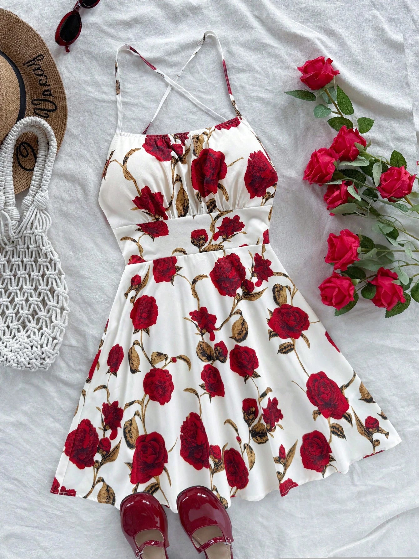 Soleia Women's Red Floral Print Spaghetti Strap Backless A-Line Mini Dress,Summer Boho Holiday Vacation,Fashionable Beach Cruise Date No Chest Padding