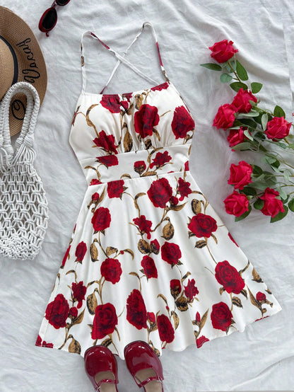 Soleia Women's Red Floral Print Spaghetti Strap Backless A-Line Mini Dress,Summer Boho Holiday Vacation,Fashionable Beach Cruise Date No Chest Padding