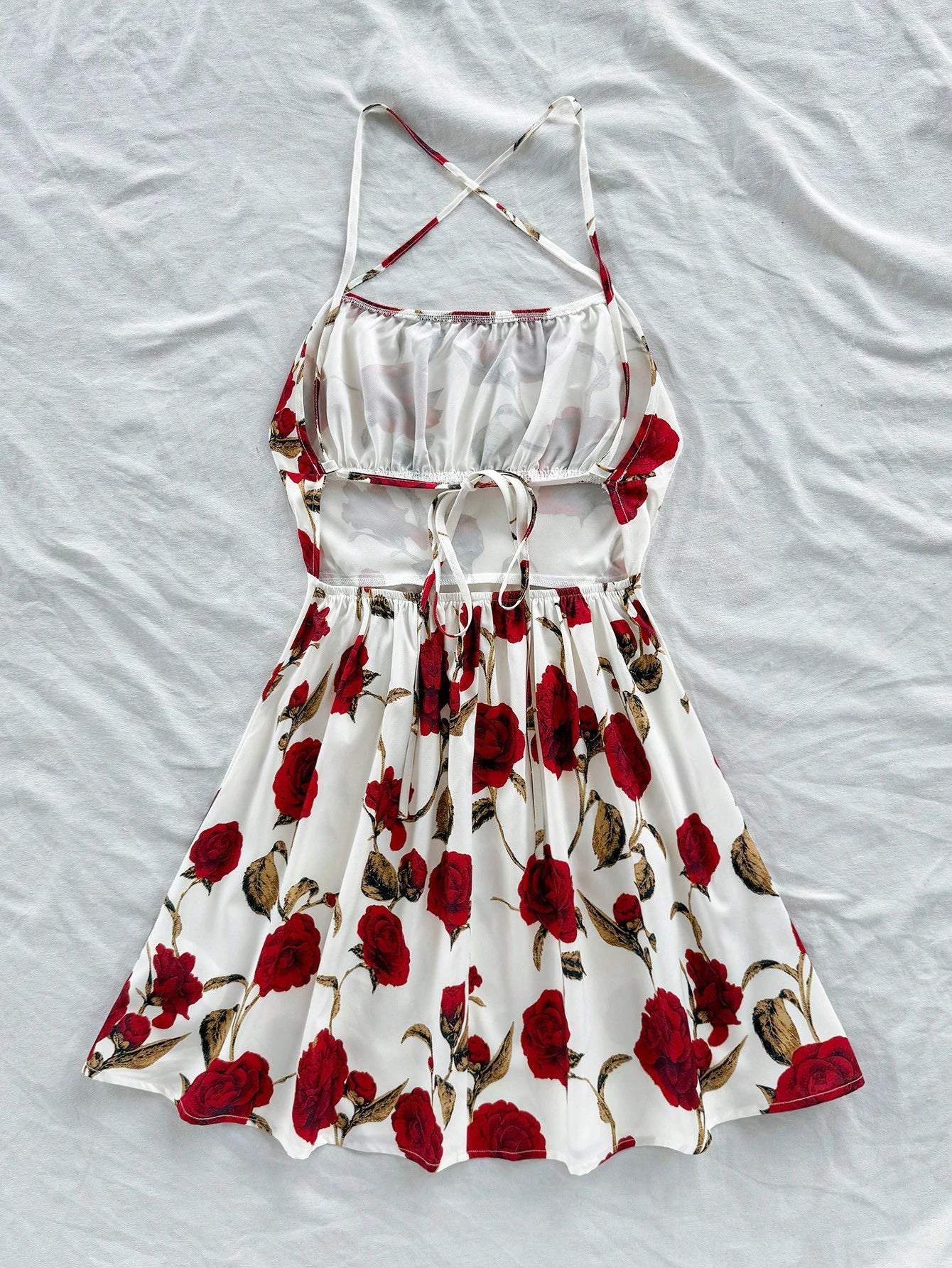 Soleia Women's Red Floral Print Spaghetti Strap Backless A-Line Mini Dress,Summer Boho Holiday Vacation,Fashionable Beach Cruise Date No Chest Padding