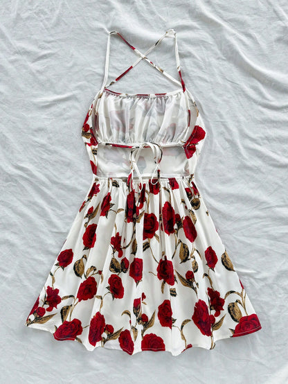Soleia Women's Red Floral Print Spaghetti Strap Backless A-Line Mini Dress,Summer Boho Holiday Vacation,Fashionable Beach Cruise Date No Chest Padding
