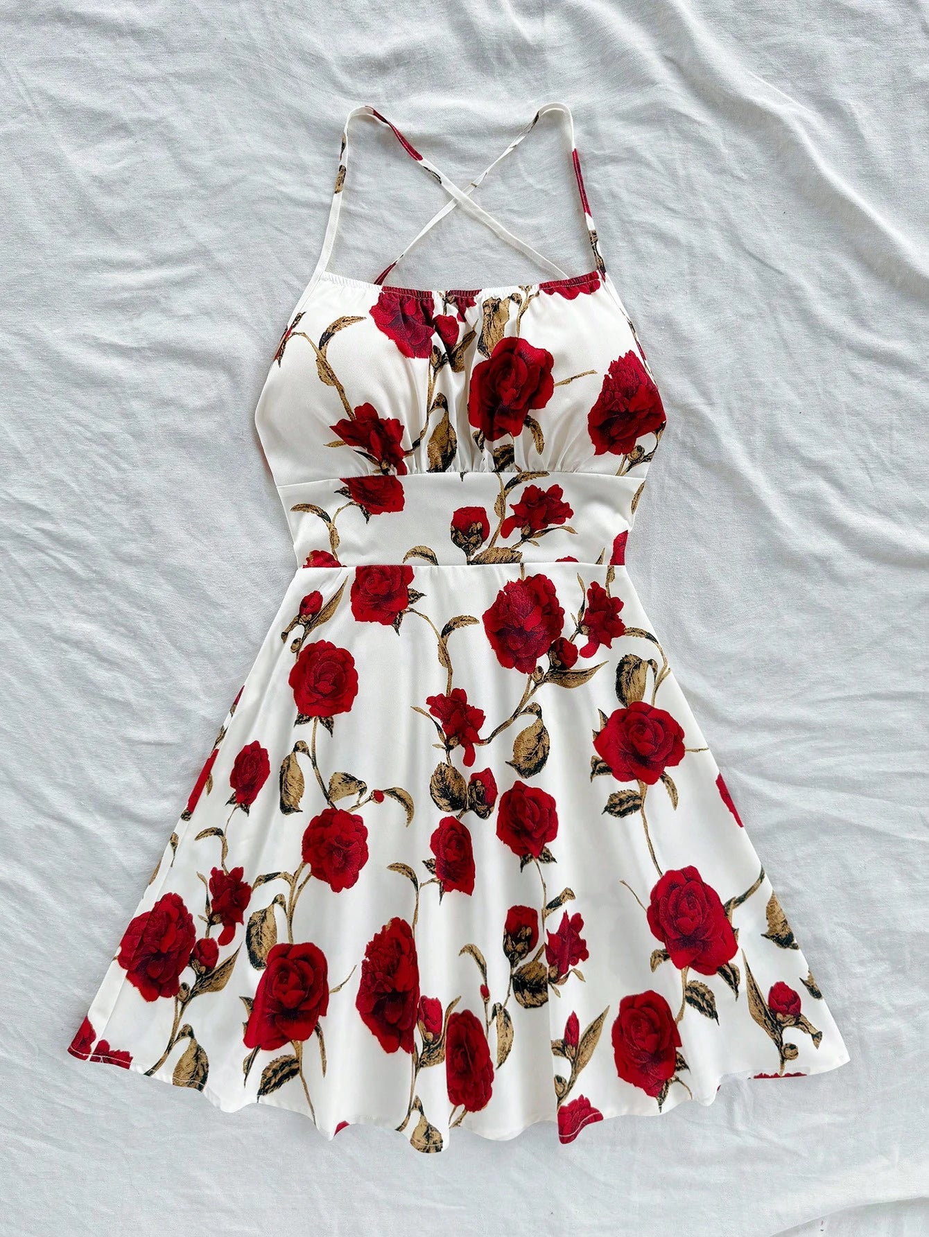 Soleia Women's Red Floral Print Spaghetti Strap Backless A-Line Mini Dress,Summer Boho Holiday Vacation,Fashionable Beach Cruise Date No Chest Padding