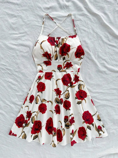 Soleia Women's Red Floral Print Spaghetti Strap Backless A-Line Mini Dress,Summer Boho Holiday Vacation,Fashionable Beach Cruise Date No Chest Padding
