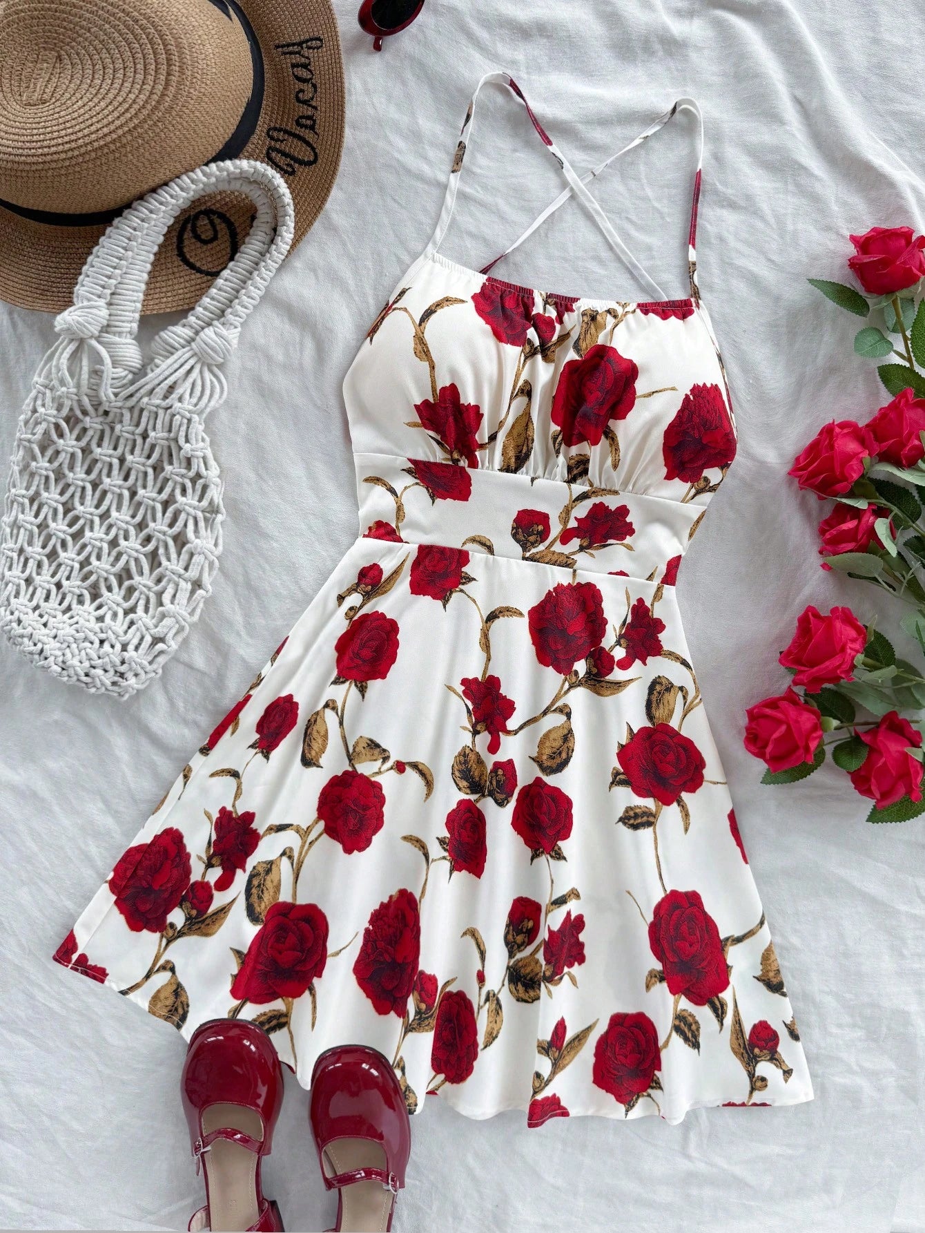 Soleia Women's Red Floral Print Spaghetti Strap Backless A-Line Mini Dress,Summer Boho Holiday Vacation,Fashionable Beach Cruise Date No Chest Padding
