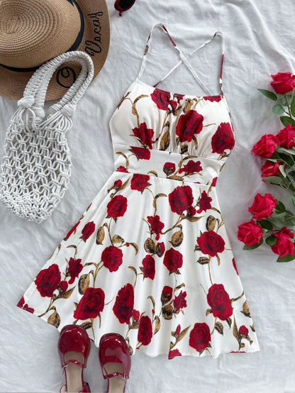 Soleia Women's Red Floral Print Spaghetti Strap Backless A-Line Mini Dress,Summer Boho Holiday Vacation,Fashionable Beach Cruise Date No Chest Padding